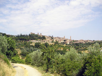 Vergezicht van de wereldberoemde wijnstad Montalcino. Links het kasteel.